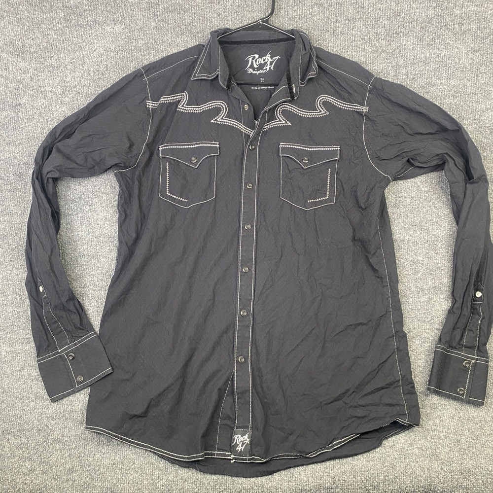 Rock 47 by Wrangler Mens Black Western Snap Shirt Embroidery LT MRC355X